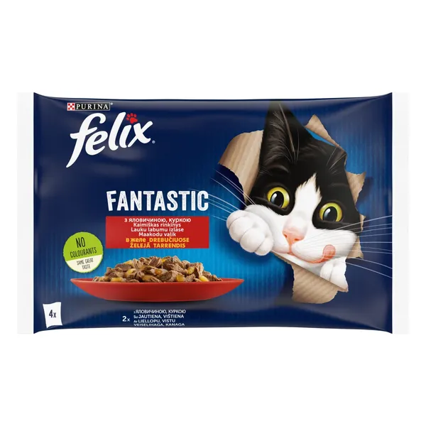 Kačių ėdalo rinkinys FELIX FANTASTIC su jautiena, 4x85 g