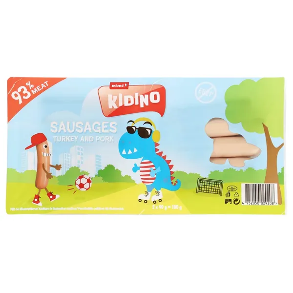 Virtos, karštai rūkytos kalakutienos ir kiaulienos dešrelės RIMI KIDINO, 2 x 90 g