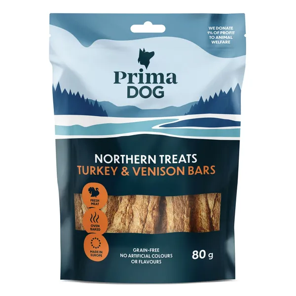 Šiaurės skanukai PRIMA DOG kalakutienos ir stirnienos juostos, 80 g