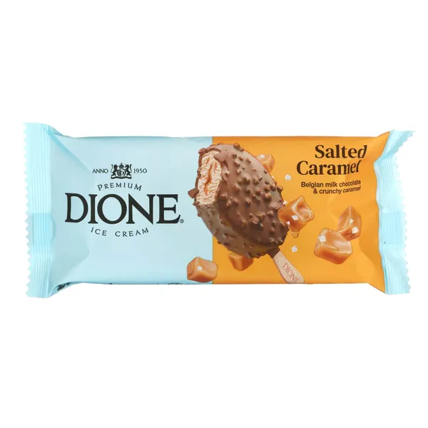 Karamelės skonio plombyras su sūria karamele ir pieniniu belgišku šokoladu su karamelės gabaliukais DIONE, 90 ml / 69 g