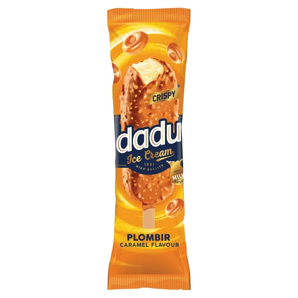 Glaistyti karamelės skonio valgomieji ledai DADU su karamelės įdaru ir vafliniais traškučiais, 100 ml / 69 g