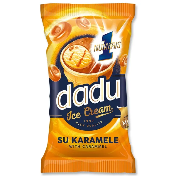 Glaistyti karameliniai valgomieji ledai su karameliniu įdaru vafliniame indelyje DADU, 120 ml / 70g