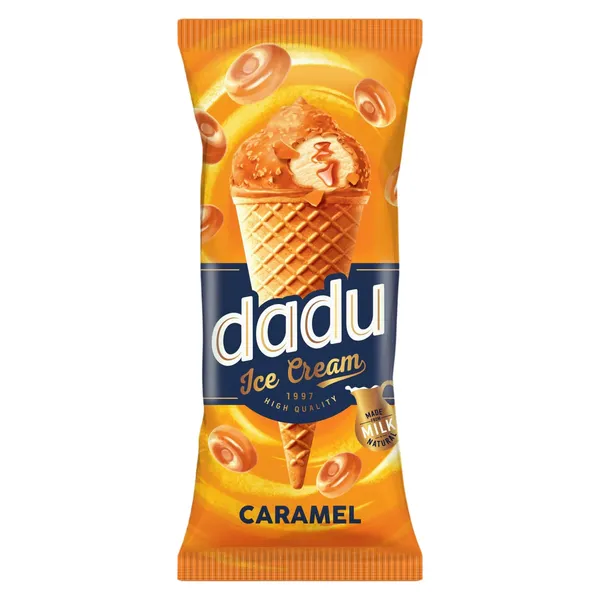 Karamelės skonio valgomieji ledai vafliniame ragelyje su karameliniu glaistu ir vaflių traškučiais DADU, 150 ml / 90 g
