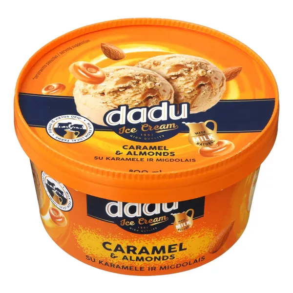 Karamelės skonio grietininiai ledai DADU, su karamelės įdaru ir kepintais migdolais, 800ml/ 440 g