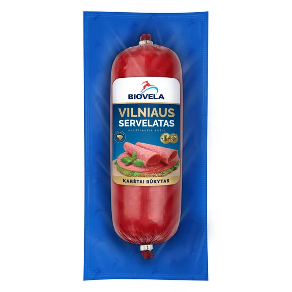 Karštai rūkyta dešra Vilniaus servelatas BIOVELA, a.r., 280 g