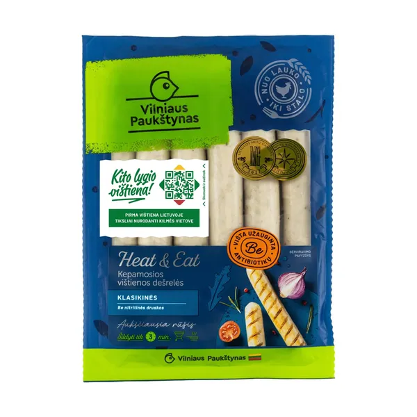 KLASIKINĖS virtos kepamosios vištienos dešrelės HEAT&EAT, a.r., 270 g