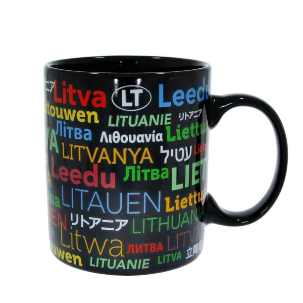 Keramikinis, juodas puodelis LIETUVA su pasaulio kalbomis, 340 ml