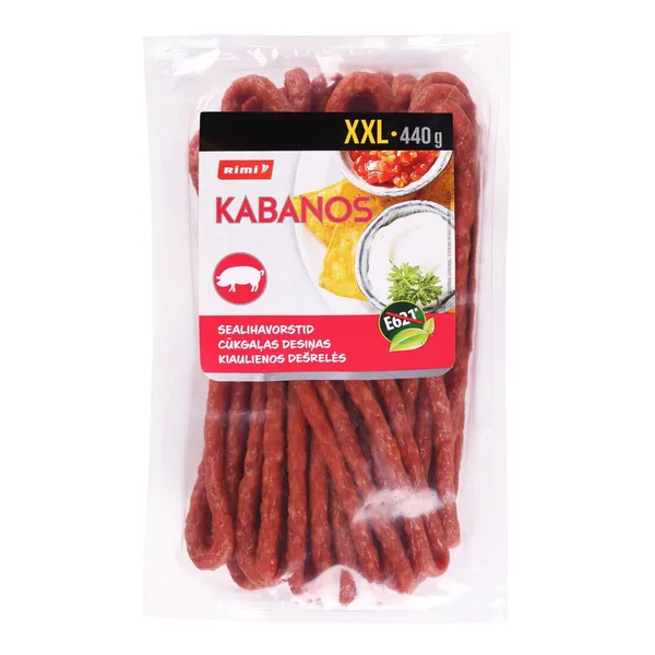 Karštai rūkytos kiaulienos dešrelės RIMI KABANOS, II r., 440 g