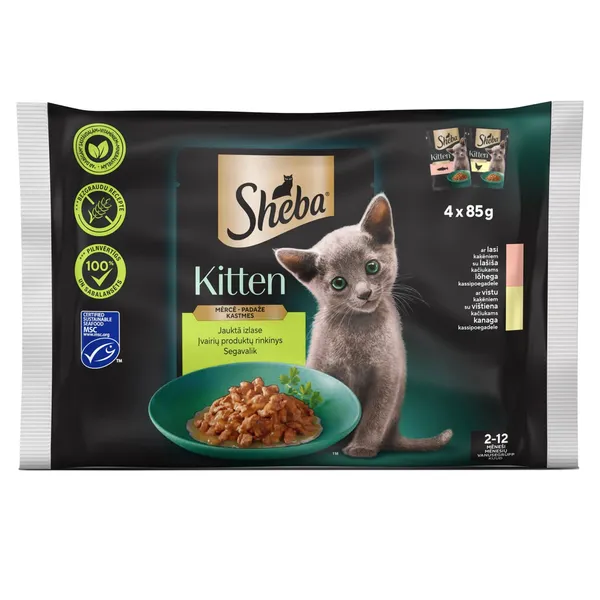 Konservuotas kačių ėdalo, įvairių skonių padaže SHEBA KITTEN, 4x85 g
