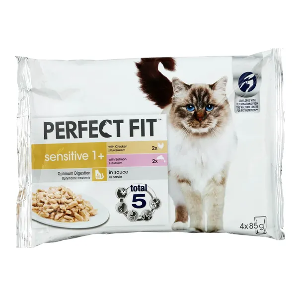 Konservuotas kačių ėdalas su vištiena ir lašiša PERFECT FIT, 4x85g