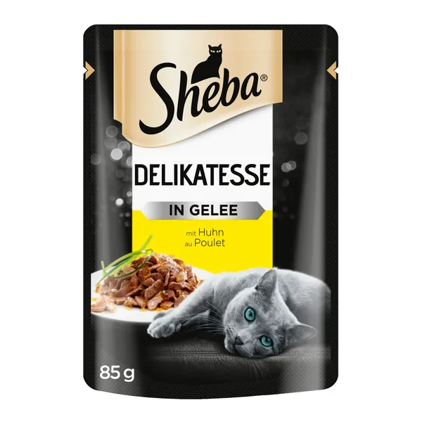 Konservuotas kačių ėdalas Delikatesas su vištiena želėje SHEBA,85g