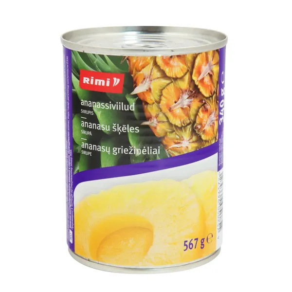 Konservuotų ananasų griežinėliai sirupe RIMI, 567 g / 340 g
