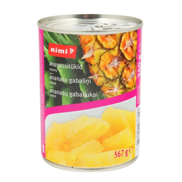 Konservuotų ananasų gabaliukai sirupe RIMI, 567 g / 340 g