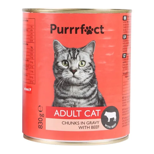 Konservuotas ėdalas katėms su jautiena PURRRFECT, 820 g
