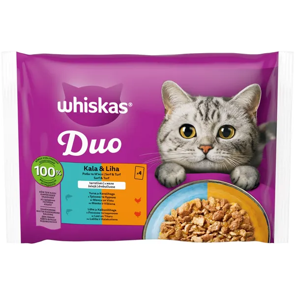 Konservuotas ėdalas katėms WHISKAS DUO SURF&TURF, 4 x 85 g