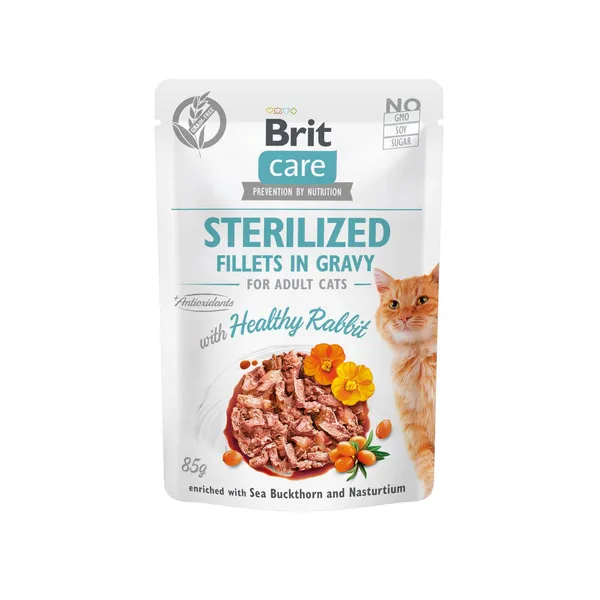 Konservuotas sterilizuotų kačių ėdalas BRIT CARE CAT STERILIZED FILLETS IN GRAVY HEALTHY RABBIT, 85 g