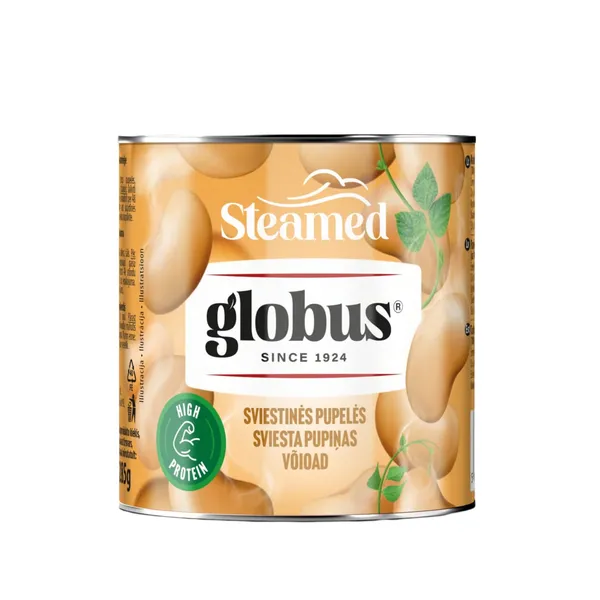 Konservuotos garuose ruoštos sviestinės pupelės GLOBUS, 326 g / 285 g