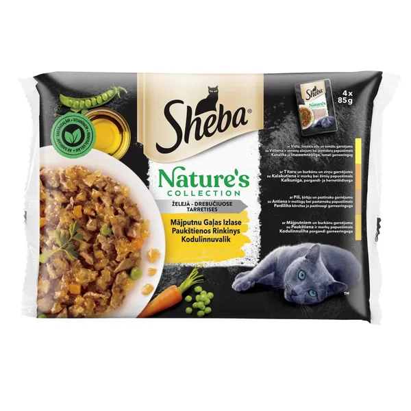 Konservuotas kačių ėdalo rinkinys su paukštiena drebučiuose SHEBA, 4 x 85 g