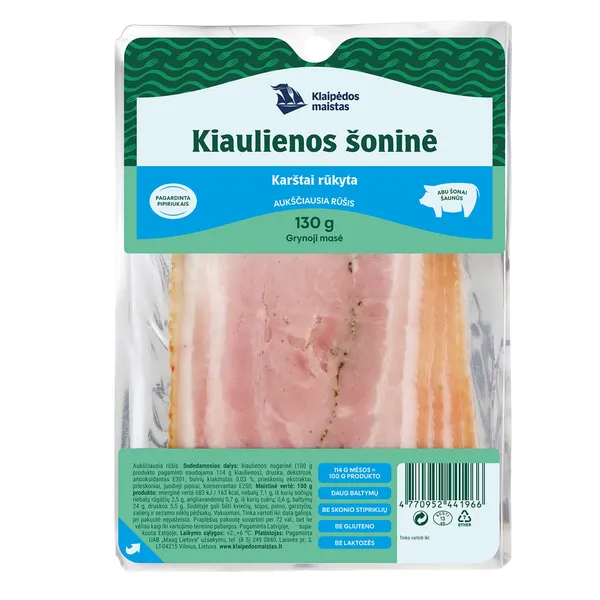 Karštai rūkyta kiaulienos šoninė aukščiausia rūšis KLAIPĖDOS MAISTAS, 130 g