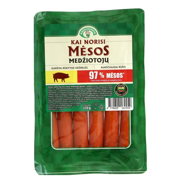 Karštai rūkytos dešrelės KAI NORISI MĖSOS medžiotojų dešrelės, 230 g, A.r.