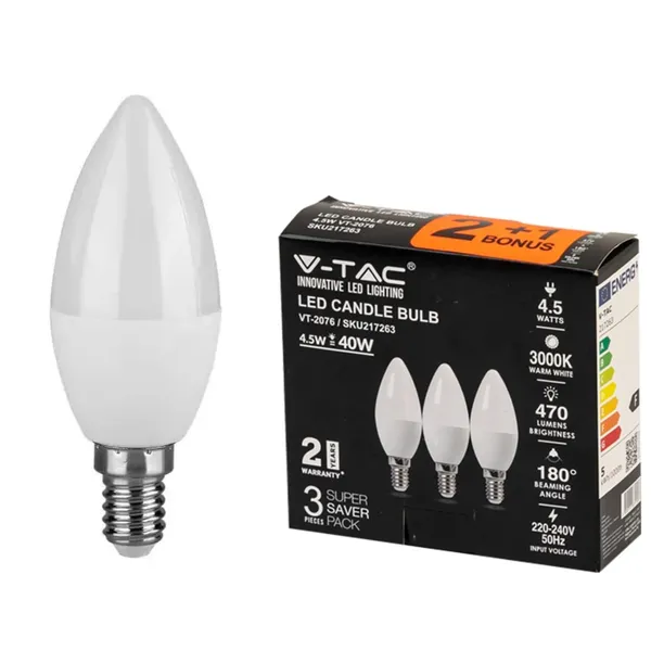 LED lemputė VT 2076, 2+1., E14/B35 470lm/4.5W/3K, ErP2