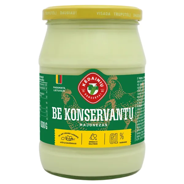 LIETUVIŠKAS majonezas be konservantų KĖDAINIŲ KONSERVAI, 61 % rieb., 630 g