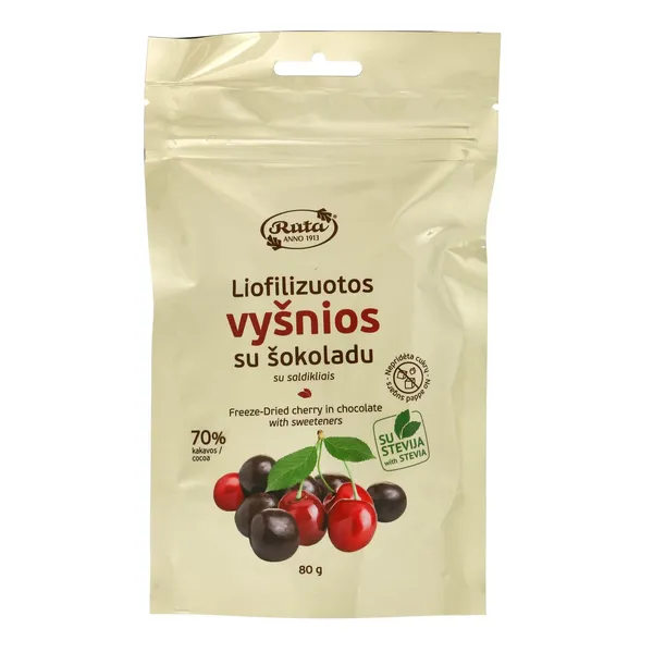 Liofilizuotos vyšnios su šokoladu, su saldikliais, 80 g