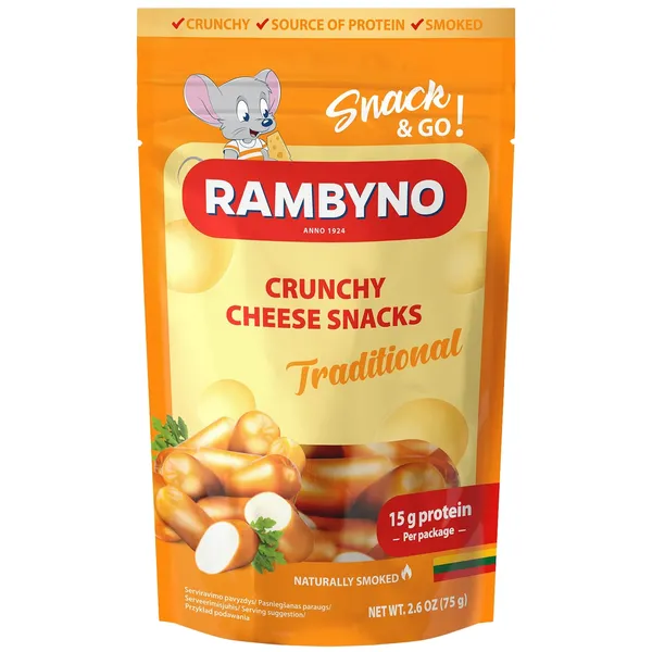Lydytas rūkytas sūrio užkandis RAMBYNO Tradicinis, 45%, 75g