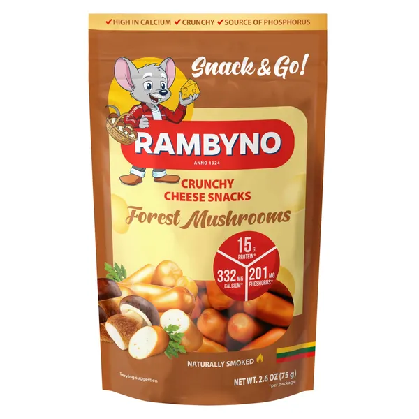 Lydytas rūkytas sūrio užkandis RAMBYNO, su miško grybais, 45 % rieb., 75 g