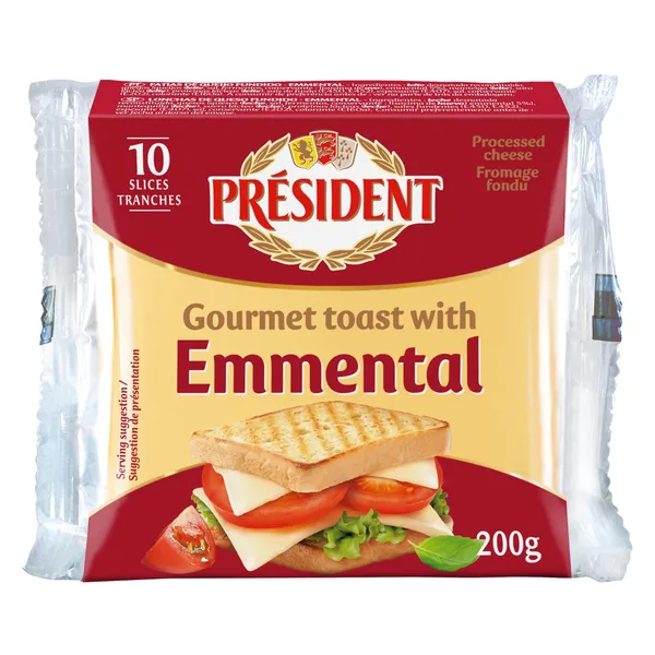 Lydytas sūris su EMENTALIO sūriu PRESIDENT, 10 riekelių, 18 % riebumo, 200 g