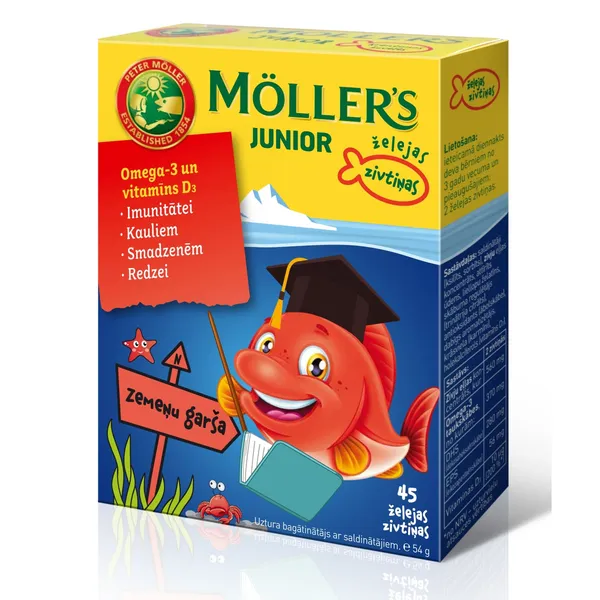 Möller’s Junior Omega-3 braškių skonio kramtomos žuvelės N45, 54g. Maisto papildas. Su saldikliais