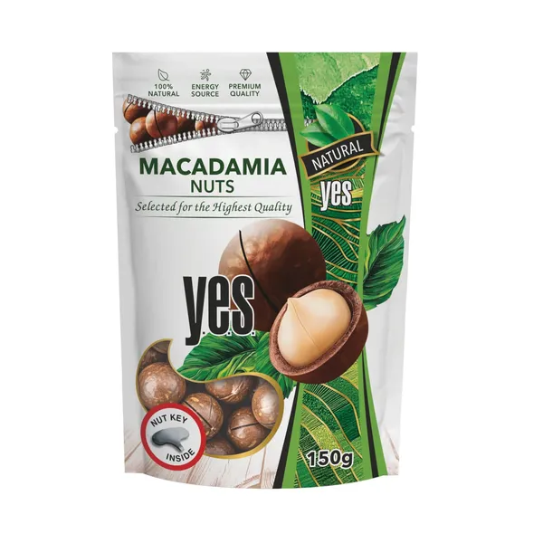 Makadamijų riešutai YES, įpjauti, kepti, 150 g