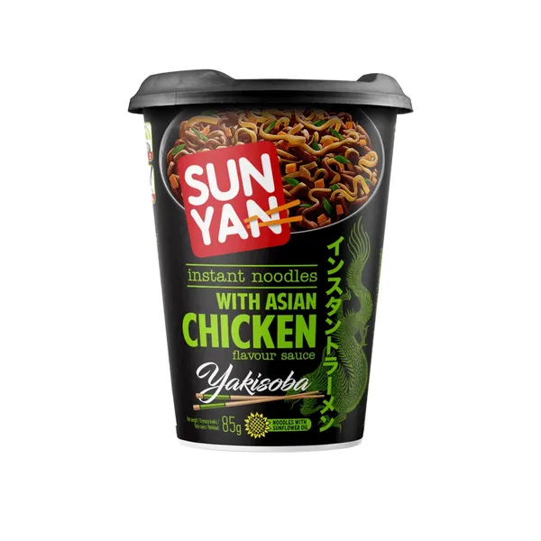 Greitai paruošiami makaronai SUN YAN su azijietiškos vištienos skonio padažu, indelyje, 85g