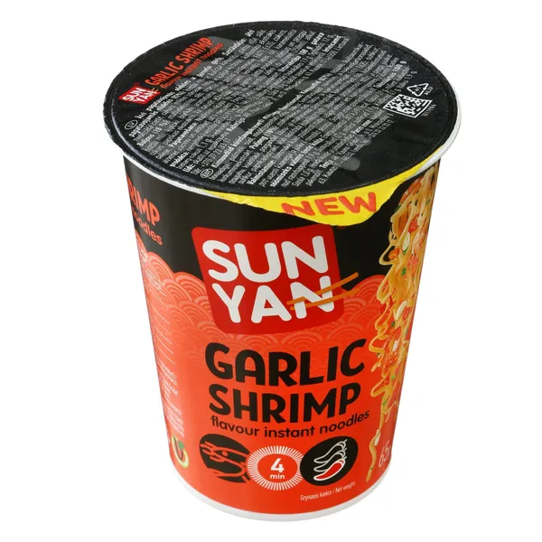 Greitai paruošiami makaronai SUN YAN česnakinės krevetės skonio pakelyje, 65g