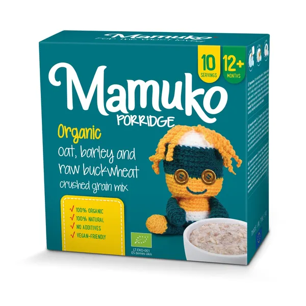 Avižų, žaliųjų grikių ir miežių traiškyti grūdai MAMUKO , nuo 12 mėnesių, 240 g