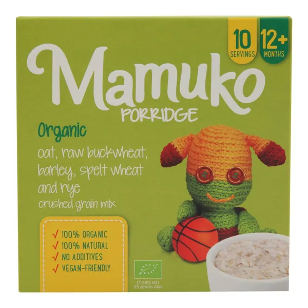 MAMUKO ekologiški avižų, šviesių grikių, miežių, spelta kviečių ir rugių traiškyti grūdai, nuo 12 mėn, 240 g