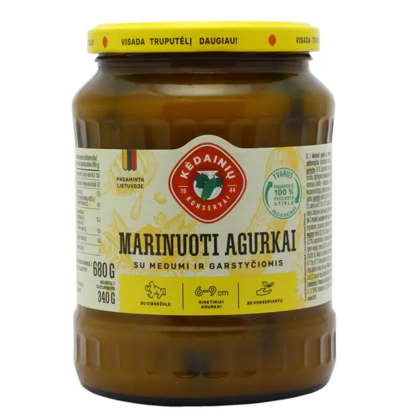 Marinuoti agurkai KĖDAINIŲ KONSERVŲ FABRIKAS, su medumi ir garstyčiomis, 680 / 340 g