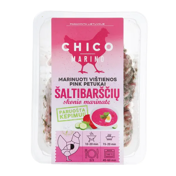 Marinuoti vištienos petukai PINK, šaltibarščių skonio marinate CHICO MARINO, 500 g