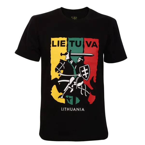 Marškinėliai LIETUVA, su Vyčiu trispalvės fone, juodi