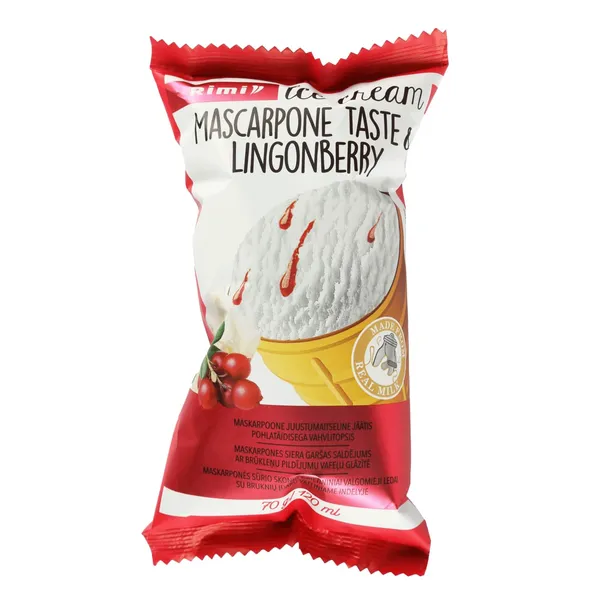 Maskarponės skonio grietininiai valgomieji ledai su bruknių įdaru vafliniame indelyje RIMI, 120 ml / 70 g
