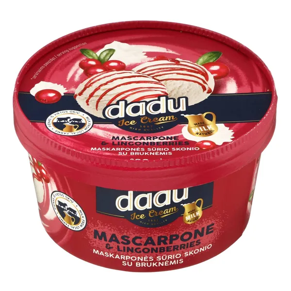 Maskarponės skonio grietininiai ledai DADU, su bruknių įdaru, 800ml/ 440 g