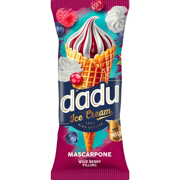 Maskarponės skonio valgomieji ledai DADU, su miško uogų įdaru, 95 g / 150 ml