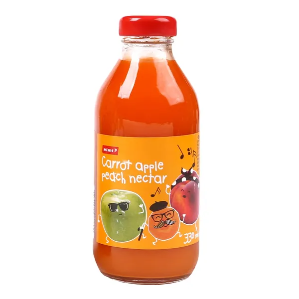 Morkų, obuolių, persikų nektaras RIMI su vitaminu C, 0,33 l