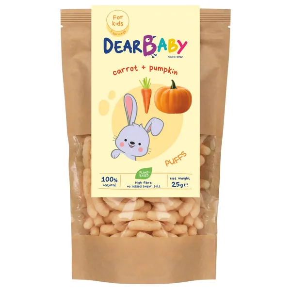 Morkų ir moliūgų skonio grūdų užkandis DEAR BABY su saldikliu, 25 g