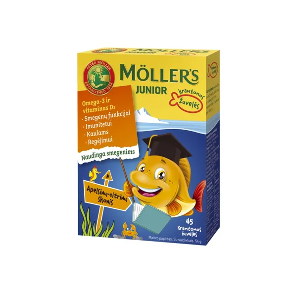 Apelsinų citrinų skonio maisto papildas su saldikliais MOLLER'S JUNIOR OMEGA - 3, kramtomos žuvelės, 45 tabl., 54 g