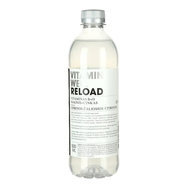 Negazuotas, vitaminais papildytas, mažai kalorijų turintis citrinų ir žaliųjų citrinų skonio skonio gėrimas VITAMIN WELL Reload, 500 ml
