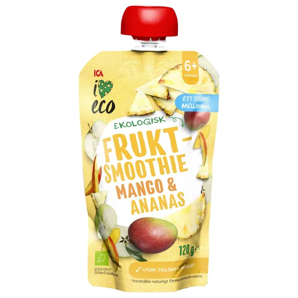 Obuolių tyrė su mangais ir ananasais ICA, 120 g