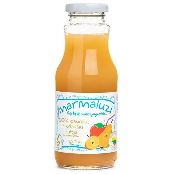 Obuolių ir kriaušių sultys su minkštimu MARMALUZI, nuo 6 mėn, 250 ml
