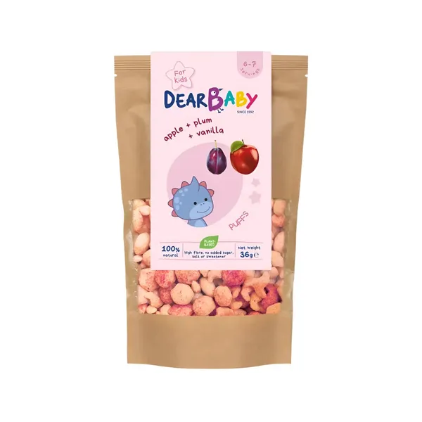 Obuolių, slyvų ir vanilės skonio žvaigždučių formos grūdų užkandis DEAR BABY, 36 g