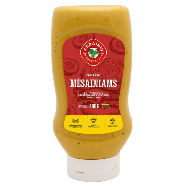 Padažas KĖDAINIŲ KONSERVŲ FABRIKAS MĖSAINIAMS, su marin.agurkėliais ir rūkytomis paprikomis, 35 % rieb., 480 g